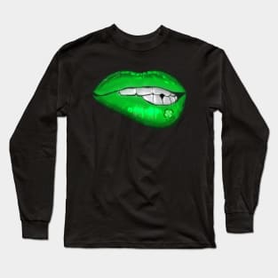 St. Patrick’s Day Green Mouth Biting Lip Shamrock Tattoo Long Sleeve T-Shirt